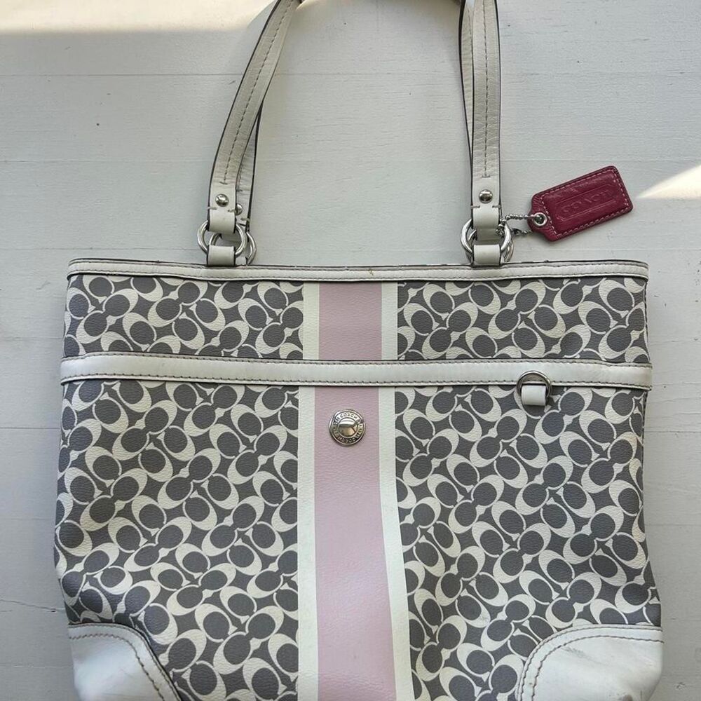 COACH Heritage Stripe Chelsea Tote Bag Grey Pink White Canvas Leather F15137 Y2K